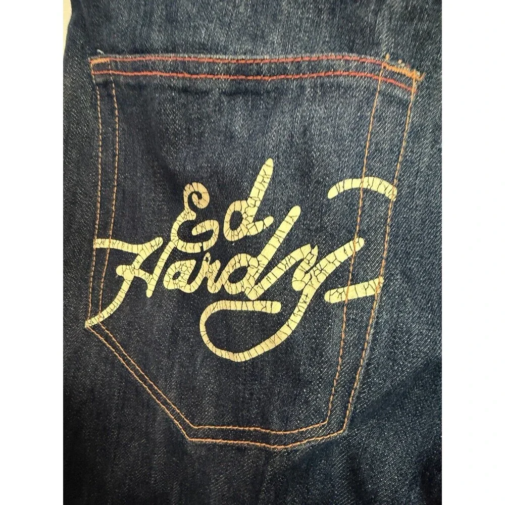 Ed Hardy Men’s Blue Dark Wash Straight Denim Jeans Embroidered Skull Distressed